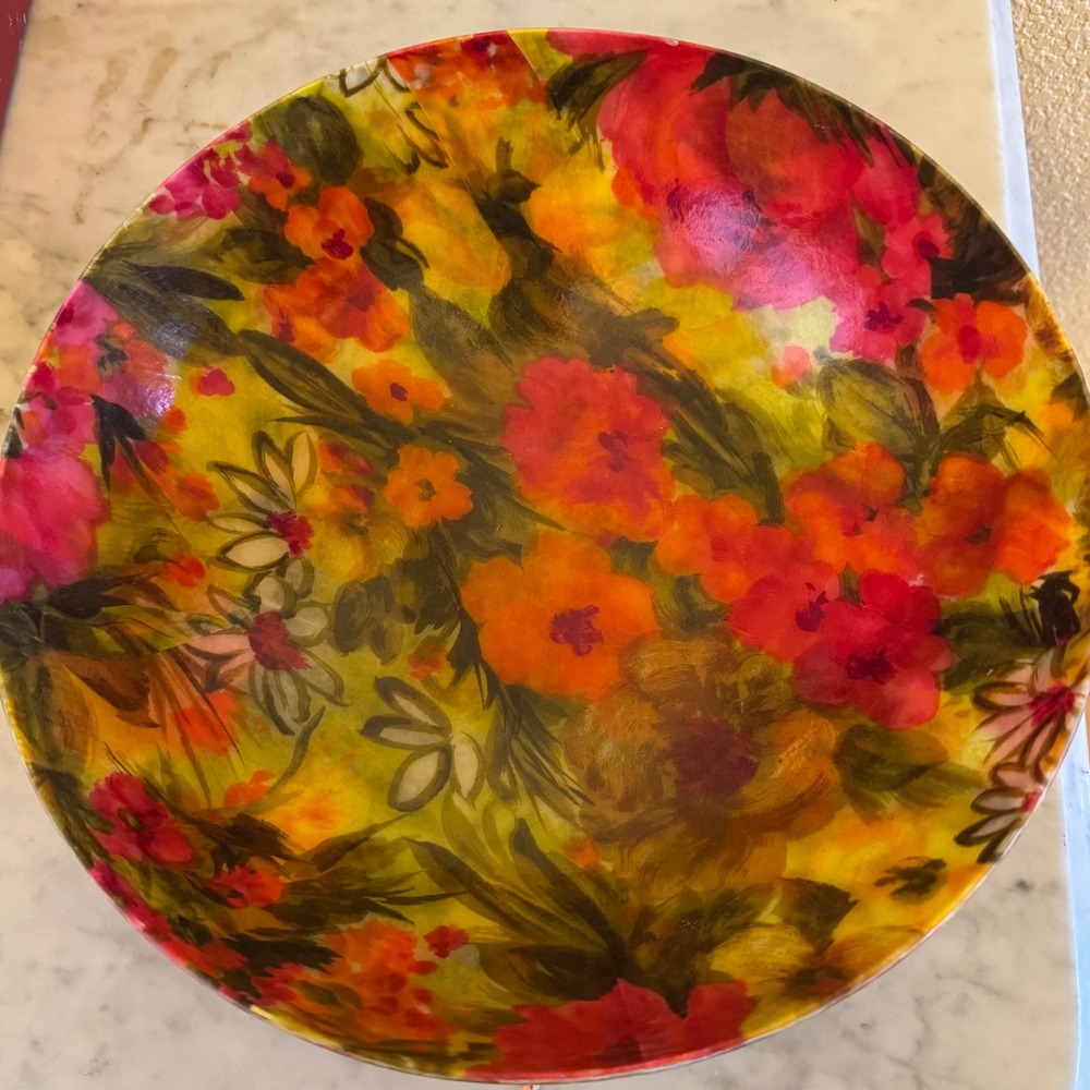 Vtg.Fiberglass Floral Serving Bowl Impressionist Botanical Orange Red Yellow 11"